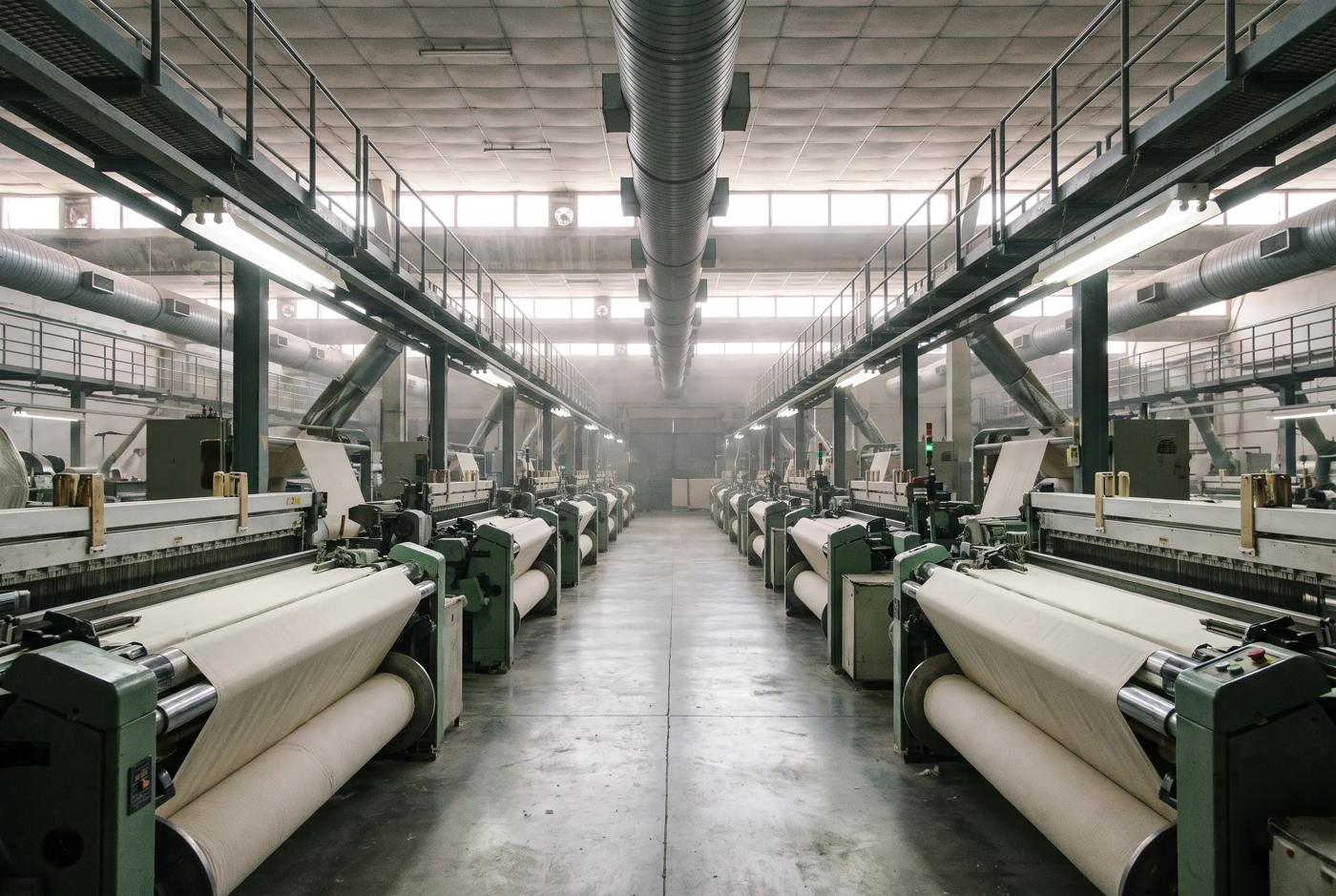 Weaving hall with rows of rapier looms