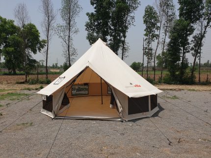 4m fire retardant bell tent with stove hole post image with a tent in the background